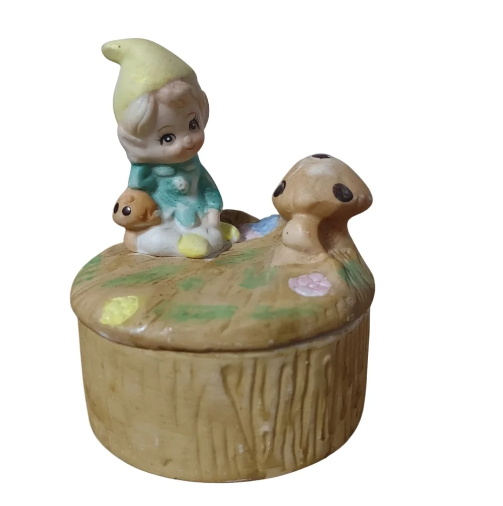 Vintage 70s HOMCO Elf Pixie Gnome Mushroom Ceramic Trinket Box #5404